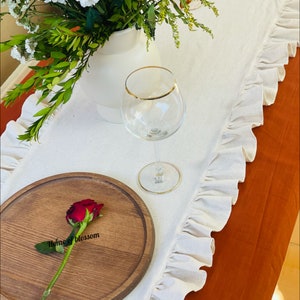 Ruffled Natural Linen Table Runner: Cream Boho Farmhouse Decor