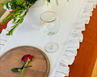 Ruffled Natural Linen Table Runner: Cream Boho Farmhouse Decor