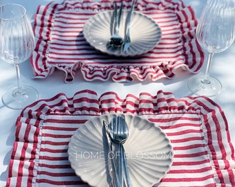 Red Stripe Vintage Linen Placemat with ruffle, Red Striped Linen Rectangle Linen Placemats, Natural Boho Linen Placemats, Tablecloth
