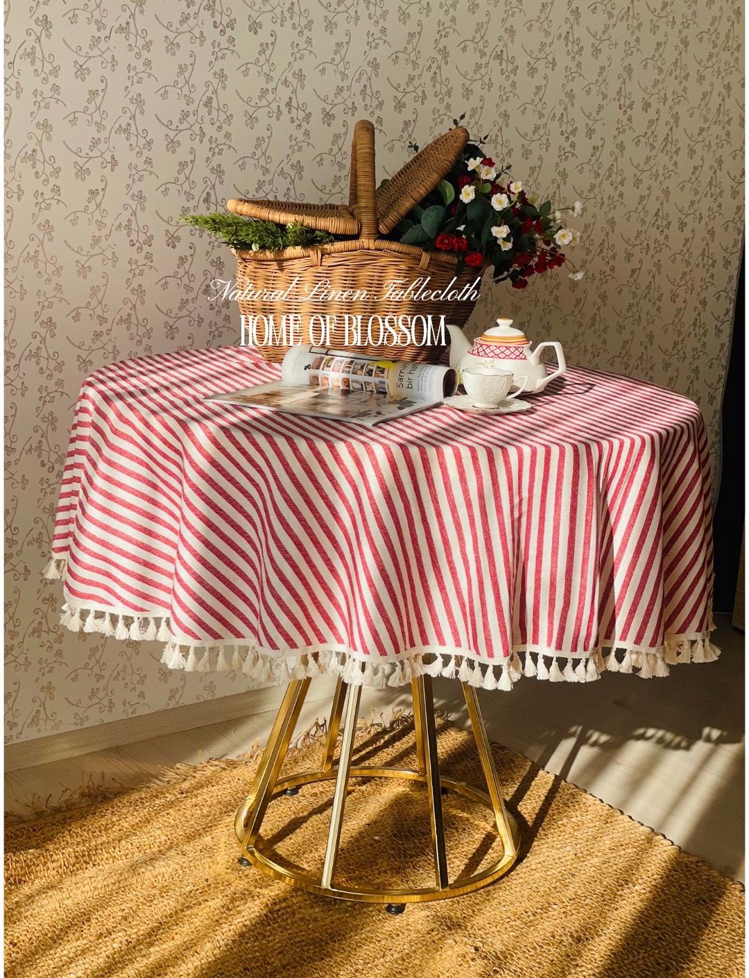 Red Stripe Linen Tablecloth with Tassels: Farmhouse Style