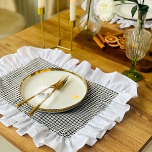 Black Gingham Linen Placemat: Rustic Ruffle Frilly Placemat