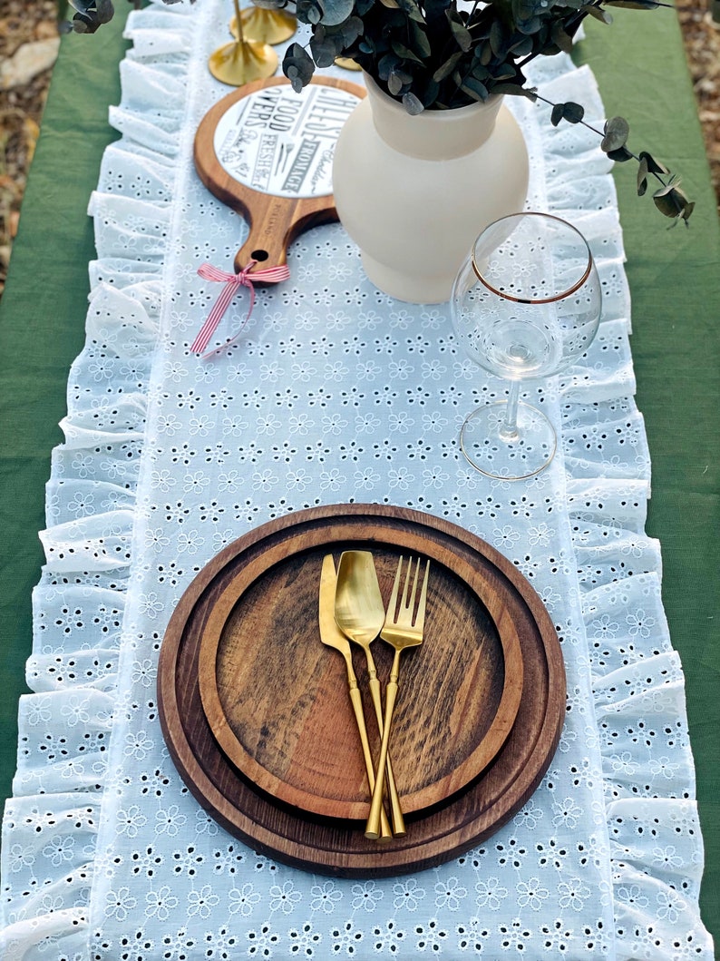 White Modern Ruffled Table runner for Tabledecor, Boho Tablerunner with ruffle, Cotton fabric ruffle tablecloth,Tablecloth for table decor image 6