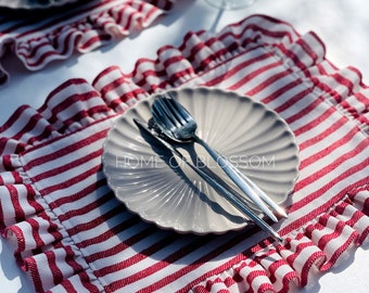 Red Stripe Ruffled Linen Placemat: Boho Table Decor