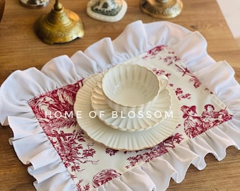 Burgundy Toile de Jouy Placemats with White Linen Ruffle: French Country Dining