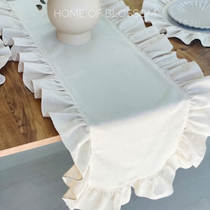 Ruffled Natural Linen Table Runner: Cream Boho Farmhouse Decor