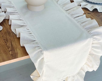 Ruffled Natural Linen Table runner,Farmhouse linen table runner with ruffle, Cream color Boho Table Runner,Wedding linen ruffle table runner