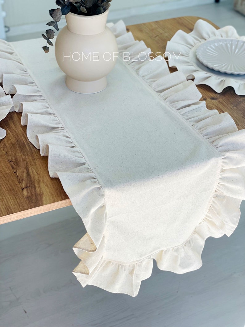 Ruffled Natural Linen Table runner,Farmhouse linen table runner with ruffle, Cream color Boho Table Runner,Wedding linen ruffle table runner