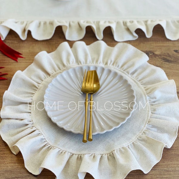Ruffle Round Cream color  Washed Linen Placemats, Natural Boho Placemats with Ruffle, Vintage Rustic Natural Linen placemats for Table Decor