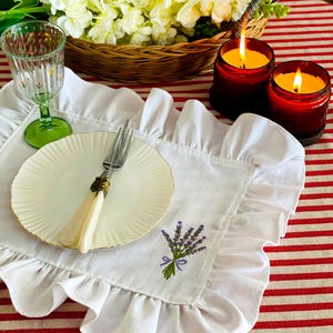 White Linen Ruffle Placemat: Lavender Embroidered Table Decor