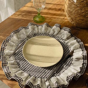 Black Gingham Linen Placemat with White Lace Ruffle - Boho Round Placemat