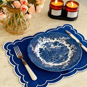 Embroidered Scallop Blue Placemats,Blue Embroidery Scallop Edge Placemat, Wedding Placemats for Table decor,  Embroidery Scallop Placemats