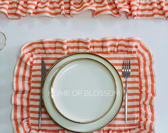 Orange Striped Linen Placemat with Ruffle: Boho Table Decor
