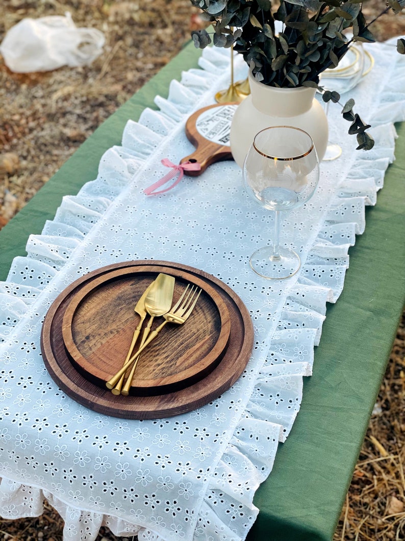 White Modern Ruffled Table runner for Tabledecor, Boho Tablerunner with ruffle, Cotton fabric ruffle tablecloth,Tablecloth for table decor image 9