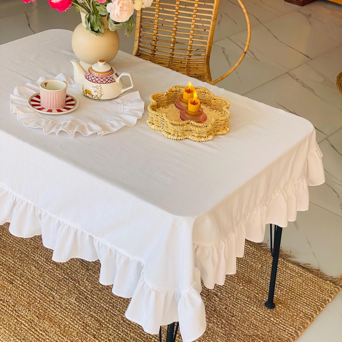White Linen Ruffled Tablecloth- 68"