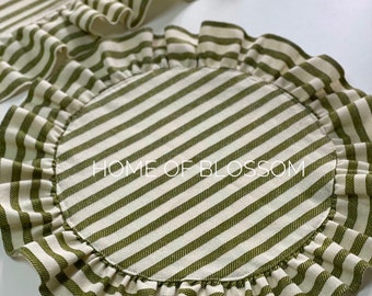 Green Stripe Vintage Linen Placemat with ruffle, Green Striped Round Linen Placemats, Natural Boho Linen Placemats, linen ruffle tablecloth