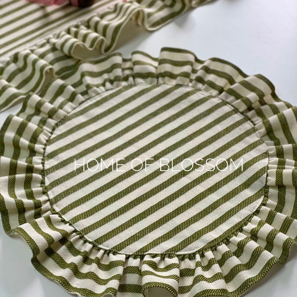 Green Stripe Vintage Linen Placemat with ruffle, Green Striped Round Linen Placemats, Natural Boho Linen Placemats, linen ruffle tablecloth