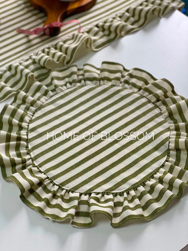 Green Stripe Vintage Linen Placemat with ruffle, Green Striped Round Linen Placemats, Natural Boho Linen Placemats, linen ruffle tablecloth