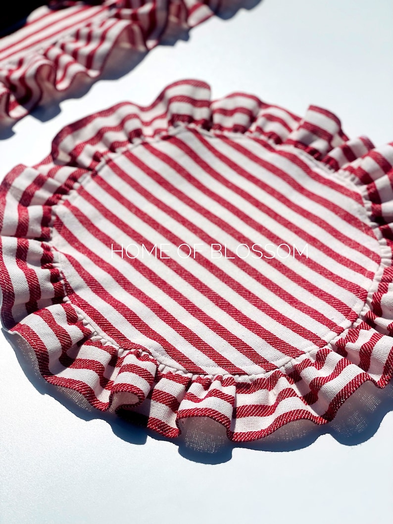 Red Stripe Vintage Linen Placemat with ruffle, Red Striped Round Linen Placemats, Natural Boho Linen Placemats, linen ruffle tablecloth