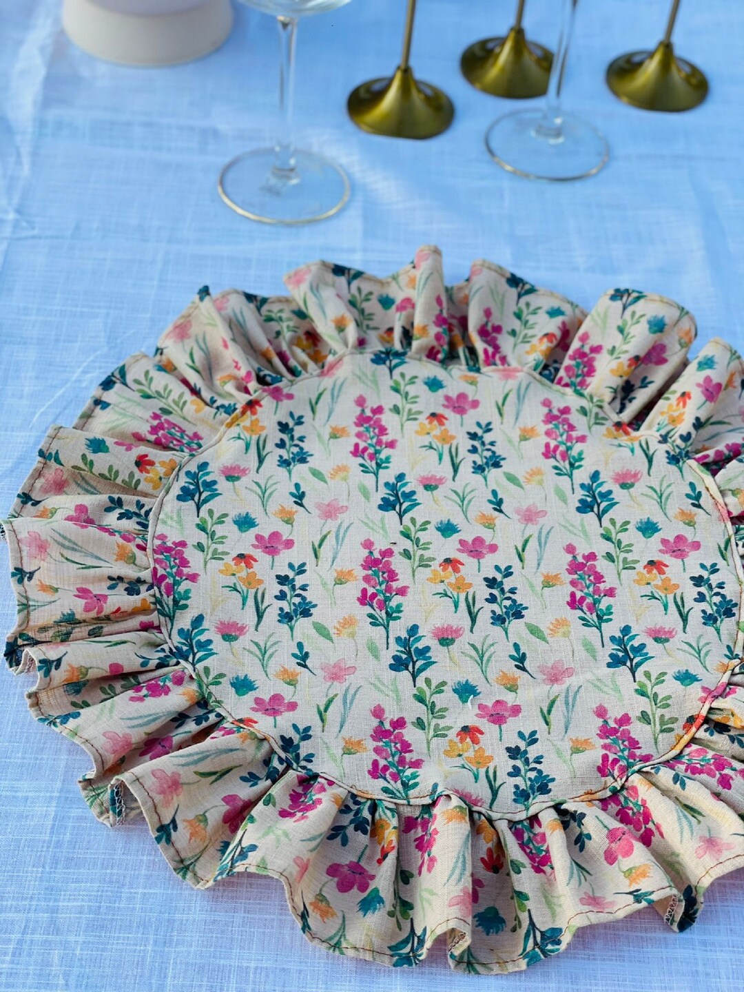 Organic Linen Beige Round Placemats With Ruffle,natural Round Ruffled