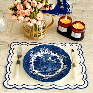 Embroidered Scallop Edge Placemats: White Cotton-Blend Table Decor
