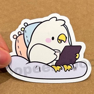 Cute cockatiel sticker, bird watching ipad at bedtime relaxed & drinking, whimsical cockatiel parrot lover sticker, funny meme birb matte
