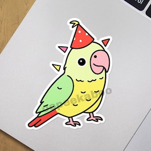 Adesivo fofo de papagaio de aniversário, presente de aniversário de pássaro, adesivo caprichoso de amante de papagaio, adesivo engraçado meme birb fosco