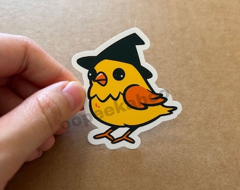 Mystery witch bird with black hat sticker, matte water resistant stickers, funny meme stickers, decorative cute birdy sticker for bird lover