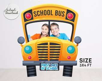 May include: A yellow school bus photo booth prop with the text "SCHOOL BUS" on the front. The prop is 3 feet by 4 feet and includes the text "FIRST DAY OF SCHOOL".