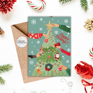happy holidays card, cute happy holidays card, christmas tree card, gift for christmas, merry christmas card, printable greeting cards, 5x7