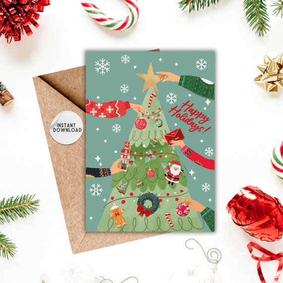 happy holidays card, cute happy holidays card, christmas tree card, gift for christmas, merry christmas card, printable greeting cards, 5x7