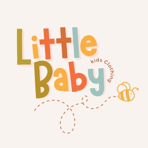 Puede incluir: Un logotipo colorido para una marca de ropa para ni&ntilde;os llamada "Little Baby" con una abeja volando sobre una l&iacute;nea punteada. El texto "kids Clothing" est&aacute; escrito en un c&iacute;rculo sobre la abeja.