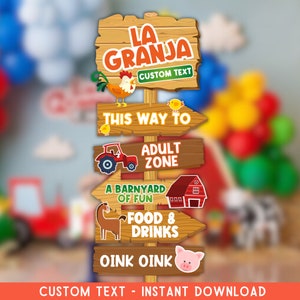 Puede incluir: Un cartel de madera con tem&aacute;tica de granja. El cartel tiene varias flechas que apuntan en diferentes direcciones con texto que dice "La Granja", "This Way To", "Adult Zone", "A Barnyard of Fun", "Food & Drinks" y "Oink Oink".