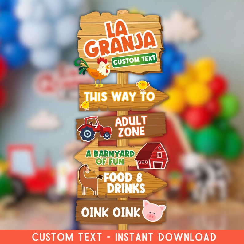 Puede incluir: Un cartel de madera con tem&aacute;tica de granja. El cartel tiene varias flechas que apuntan en diferentes direcciones con texto que dice "La Granja", "This Way To", "Adult Zone", "A Barnyard of Fun", "Food & Drinks" y "Oink Oink".