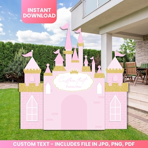 May include: A pink princess castle party decoration with gold glitter accents. The castle has turrets, flags, and a space for custom text that says "Turns One". The words "Instant Download" are in a pink box.