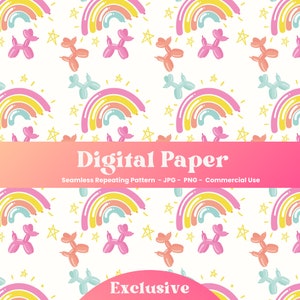 Puede incluir: Un patrón sin costuras con arcoíris pastel, estrellas y perros de animales de globos. El fondo es blanco. El texto "Digital Paper" y "Exclusive" está incluido en el diseño.