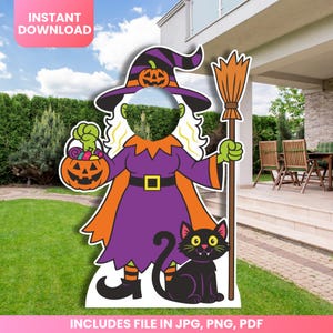 Witch Halloween Photo Booth Prop, Witch with Black Cat prop, witch Hole In Face Cutout, Trick or Treat Prop, Kids Halloween Decor