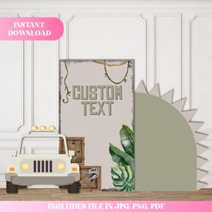 Puede incluir: Fondo digital para fiestas con temática de dinosaurios, con un jeep blanco, cajas de madera y el texto "CUSTOM TEXT". El diseño incluye follaje verde y una cola de dinosaurio. También incluye el texto "INSTANT DOWNLOAD".