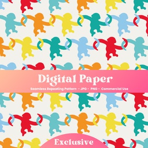 Puede incluir: Un patrón sin costuras con monos coloridos que se toman de la mano en un círculo. Los monos son rojos, naranjas, amarillos, verdes y azules. El fondo es blanco. El texto "Digital Paper" y "Exclusive" está incluido en la imagen.