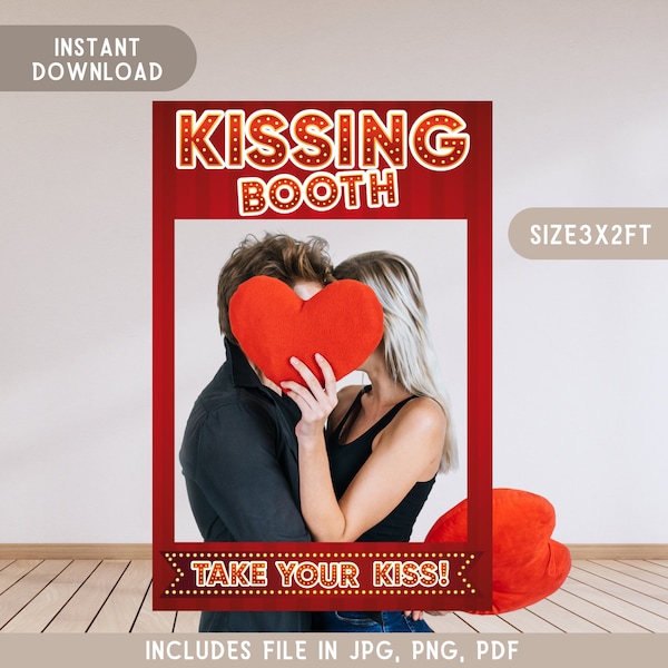 Kissing booth digital selfie frame, red kissing booth, valentines day selfie frame, kissing booth Valentines Day, party decor valentines day