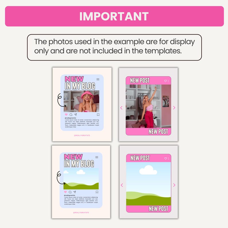 May include: Four Instagram post templates in a pink and blue colour scheme. The templates feature the text "NEW IN MY BLOG" and a heart icon. Two of the templates feature a photo of a woman, one of a wardrobe, and one of a landscape with a cloud.