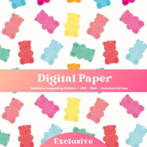 May include: A seamless pattern featuring gummy bears in various colors, including pink, yellow, blue, green, and orange. The pattern is on a white background and includes the text "Digital Paper" and "Exclusive".