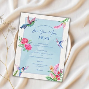 Hummingbirds Menu, Watercolor Menu, Mother's Day Brunch Template, Floral Mother's Day Menu, Mother's Day Menu Template, Love U Mom Menu