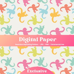 May include: A seamless digital paper pattern featuring a repeating design of colorful monkeys in various poses. The background is a light cream color. The text "Digital Paper" and "Seamless Repeating Pattern - JPG - PNG - Commercial Use" is displayed on a pink and orange gradient banner. The text "Exclusive" is displayed in a circle at the bottom of the image.