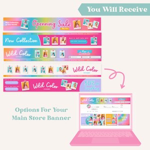 以下が含まれることがあります： ピンクのラップトップコンピューターで、画面には「Wild Color」というお店のウェブサイトが表示されています。ウェブサイトには、「Wild Color」というテキストとピンクとレインボーのカラーテーマの入ったバナーがあります。ウェブサイトには、文房具、紙、マーカー、クリップアート、デジタルペーパー、背景など、さまざまな商品が掲載されています。ウェブサイトには、「ありがとう」のバナーも表示されています。