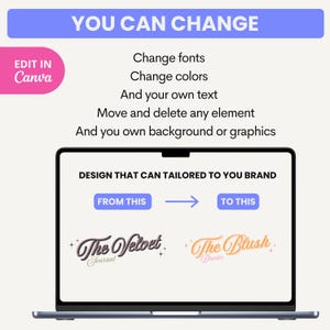 May include: A laptop screen displaying a design template with the text "The Velvet Journal" and "The Blush Diaries". The text "You Can Change" is displayed above the laptop. The text "Change fonts, Change colors, And your own text, Move and delete any element, And you own background or graphics" is displayed below the laptop. The text "DESIGN THAT CAN TAILORED TO YOU BRAND" is displayed above the laptop screen. The text "FROM THIS" and "TO THIS" are displayed on buttons below the laptop screen.