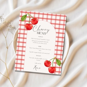 Modelo de menu de cereja, menu de cereja doce, menu de cereja vermelha, menu de cerejas, modelo editável de menu de cereja, menu de aniversário de menina, chá de panela