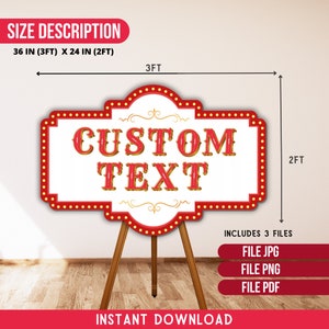 Puede incluir: Un letrero de texto personalizado, de 91 cm de ancho y 61 cm de alto, con un dise&ntilde;o rojo y blanco. El letrero presenta las palabras "CUSTOM TEXT" en una fuente vintage y est&aacute; sostenido por un caballete de madera. Incluye archivos JPG, PNG y PDF.