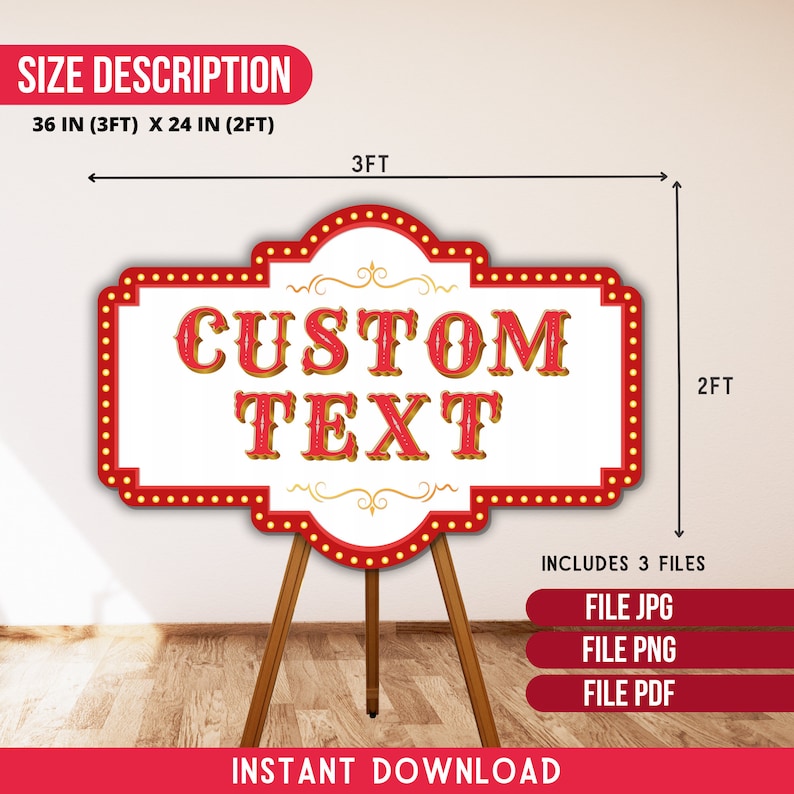 Puede incluir: Un letrero de texto personalizado, de 91 cm de ancho y 61 cm de alto, con un dise&ntilde;o rojo y blanco. El letrero presenta las palabras "CUSTOM TEXT" en una fuente vintage y est&aacute; sostenido por un caballete de madera. Incluye archivos JPG, PNG y PDF.