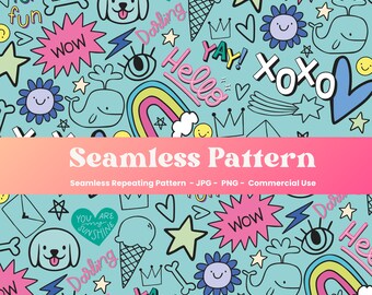 Doodle Girl Pattern, Cute Girl Doodle Pattern Design, Teen Pattern, Doodle Pattern, Happy Seamless Pattern, Rainbow Pattern, Puppy Pattern