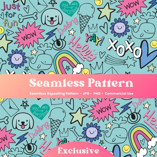Doodle Girl Pattern, Cute Girl Doodle Pattern Design, Teen Pattern, Doodle Pattern, Happy Seamless Pattern, Rainbow Pattern, Puppy Pattern